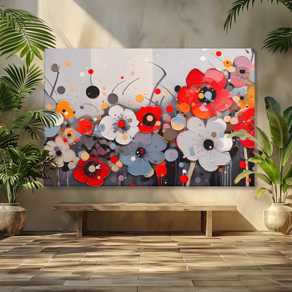 Tablou canvas cu pictura canvas cu flori colorate in relief, fara rama, pe sasiu de lemn